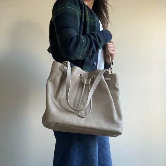 Quince Taupe Triple Compartment Leather Bucket Bag - Picture 8 of 9